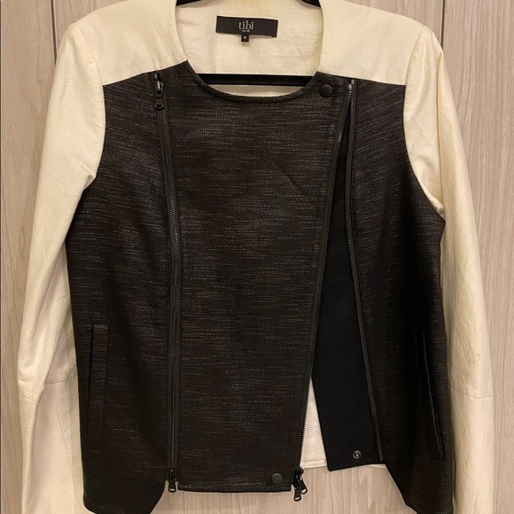 Tibi  Colorblock Moto Jacket Zip Up Long Sleeve Pockets Black/White - Picture 2 of 5